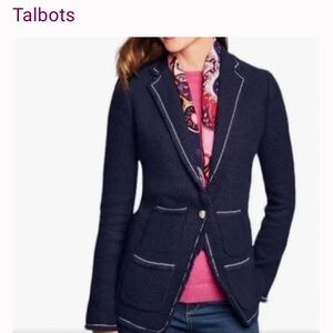 Talbots Women's Navy Tweed Blazer with White Trim and Gold Buttons 10P